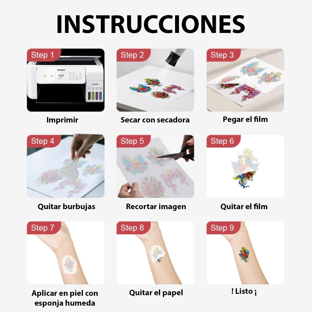 Papel para tuauajes temporales Inkjet Fullinks – Tamaño A4 20 Hojas