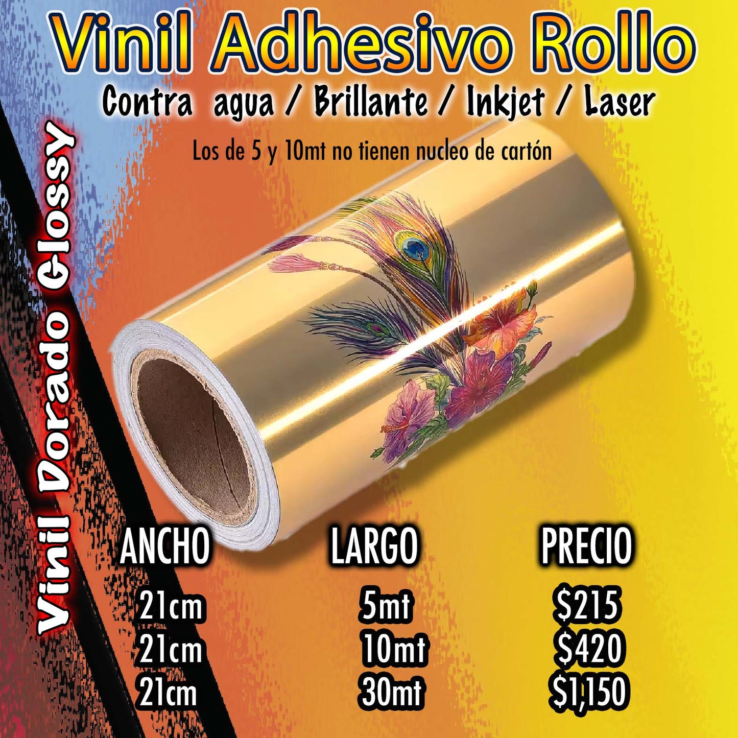 Vinil Inkjet Imprimible Dorado brillante 21cm x 5mts