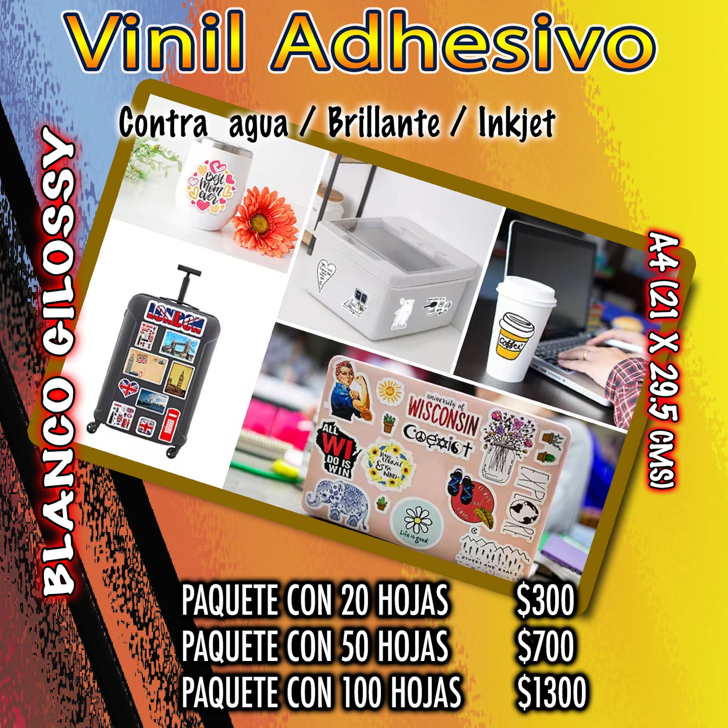 Vinil Inkjet Imprimible 20 hojas A4 Blanco Glossy